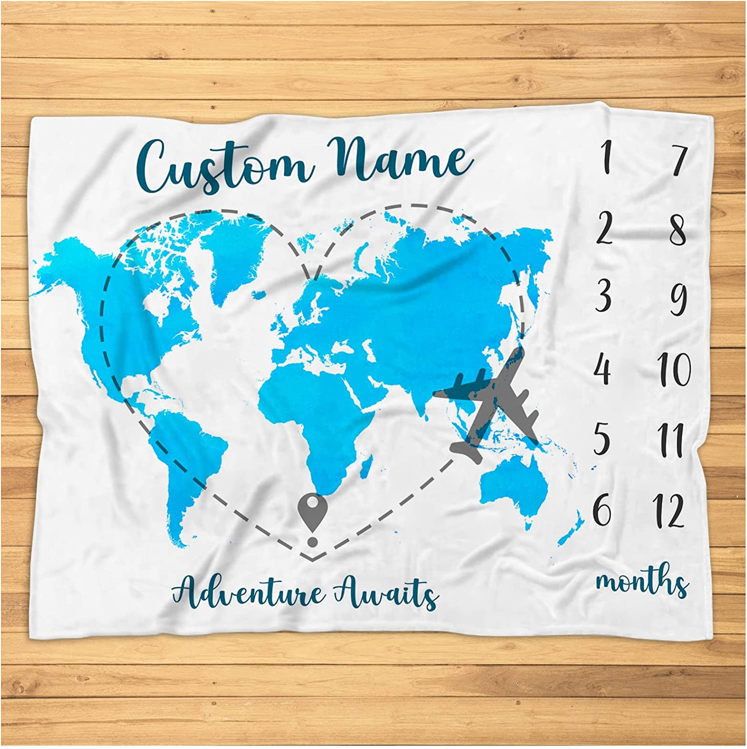 Personalized World Map Milestone Blanket - Custom Adventure Awaits Monthly Photo Prop Baby Milestone Blanket with World Map Travel Nursery Blanket