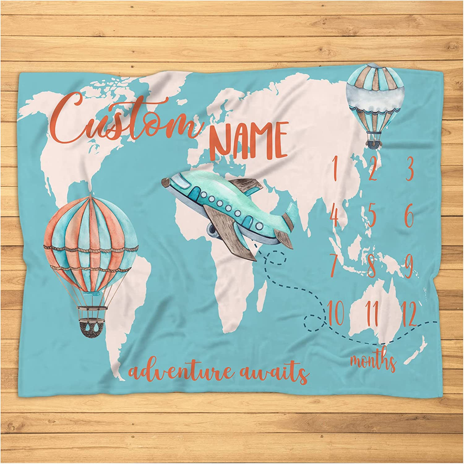 Personalized World Map Milestone Blanket - Custom Travel Monthly Photo Prop Milestone Blanket with Adventure Awaits - Super Soft Plush Fleece Blanket