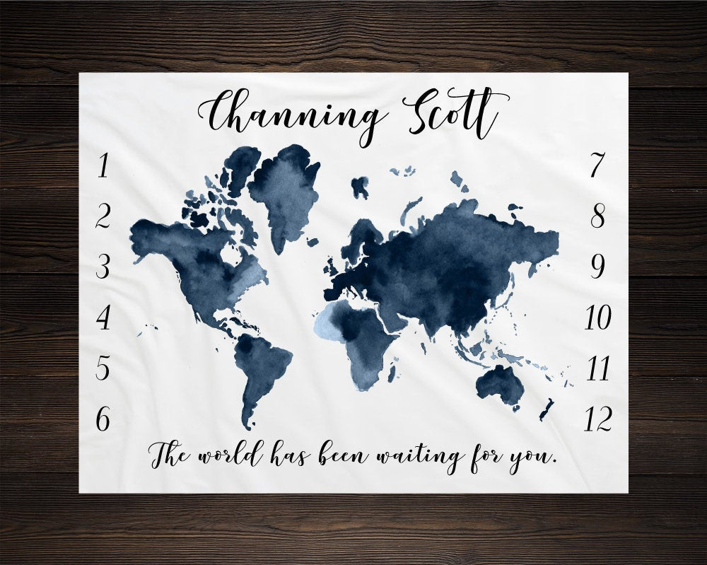 Personalized World Map Milestone Blanket