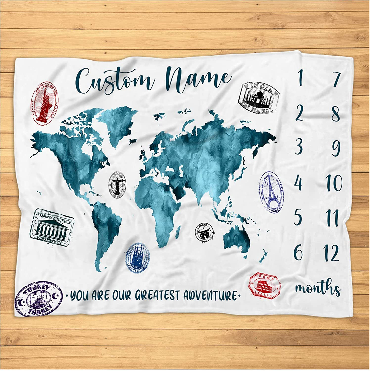 Personalized World Map Milestone Blanket - Custom You Are Our Great Adventure Photo Prop Milestone Blanket with World Map Nursery Plush Fleece Blanket