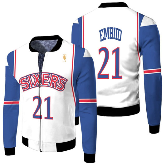 Philadelphia 76Ers Joel Embiid 21 Nba 1996-97 Hardwood Classics White 2019 Jersey Style Gift For 76Ers Fans Fleece Bomber Jacket