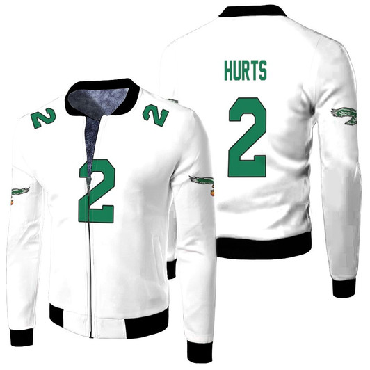 Philadelphia Eagles Jalen Hurts 02 Vintage White Match Jersey Style Gift For Eagles Fans Fleece Bomber Jacket