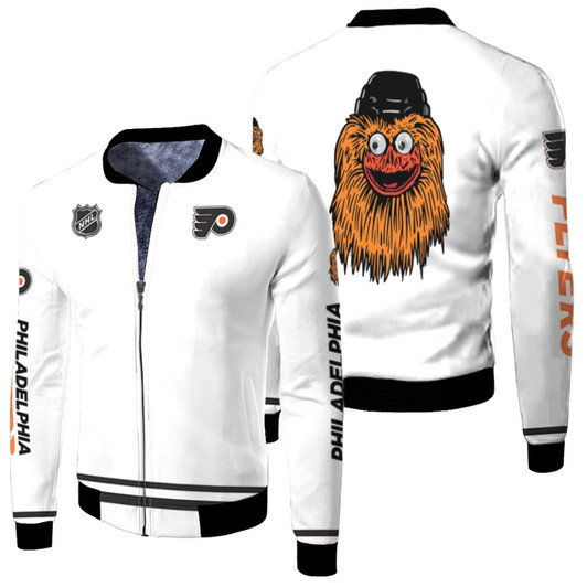 Philadelphia Flyers Nhl Ice Hockey Team Gritty Logo Mascot White Fleece Bomber Jacket