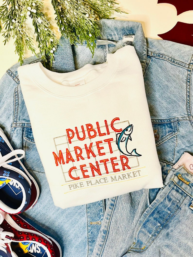 Pike Place Market Center Embroidered Crewneck Seattle Crewneck Farmers Market Sweatshirt