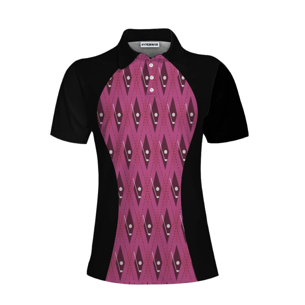 Pink Argyle Thinning Layout For Lady Golfer Golf Short Sleeve Women Polo Shirt Black And Pink Golf Shirt For Ladies