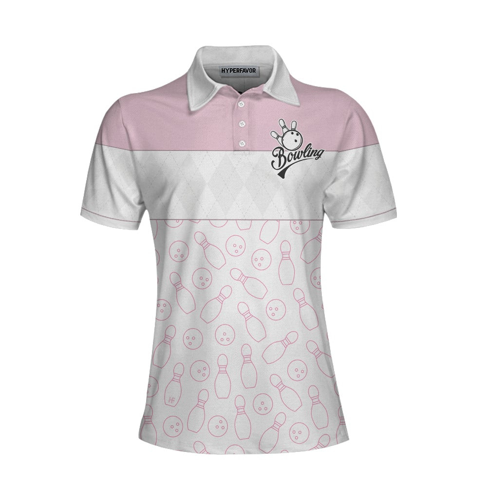 Pink Bowling Balls And Pins Pattern Bowling Short Sleeve Women Polo Shirt White Bowling Polo Shirt For Ladies