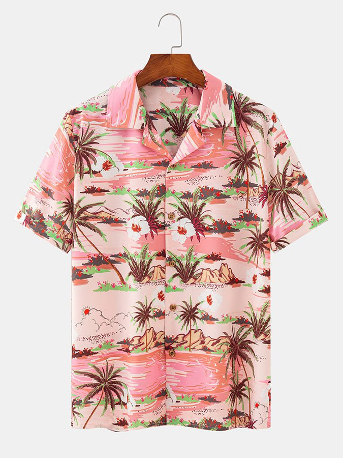 Pink Printed Beach Floral Cotton-Blend Shirts  Tops Hawaiian Shirt for Men Women