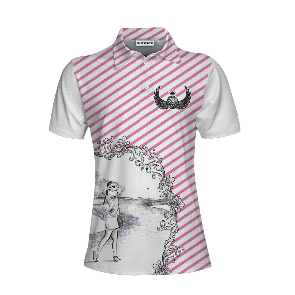 Pink Striped And Sketching Golf Girl Golf Short Sleeve Women Polo Shirt Best Golfing Shirt For Ladies