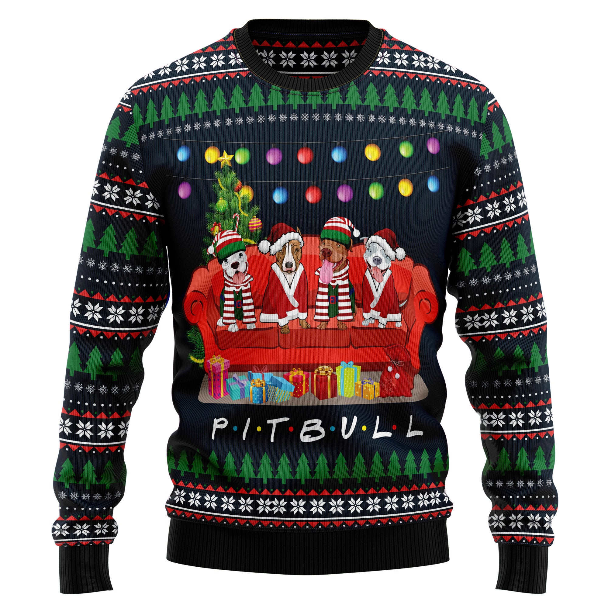 Pit Bull Friends On Red Sofa Ugly Christmas Sweater