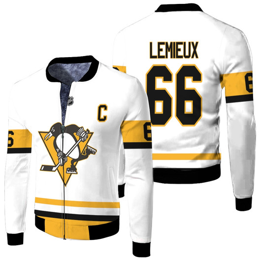 Pittsburgh Penguins Mario Lemieux 66 Nhl Ice Hockey Team 2020 White Jersey Style Gift For Penguins Fans Fleece Bomber Jacket