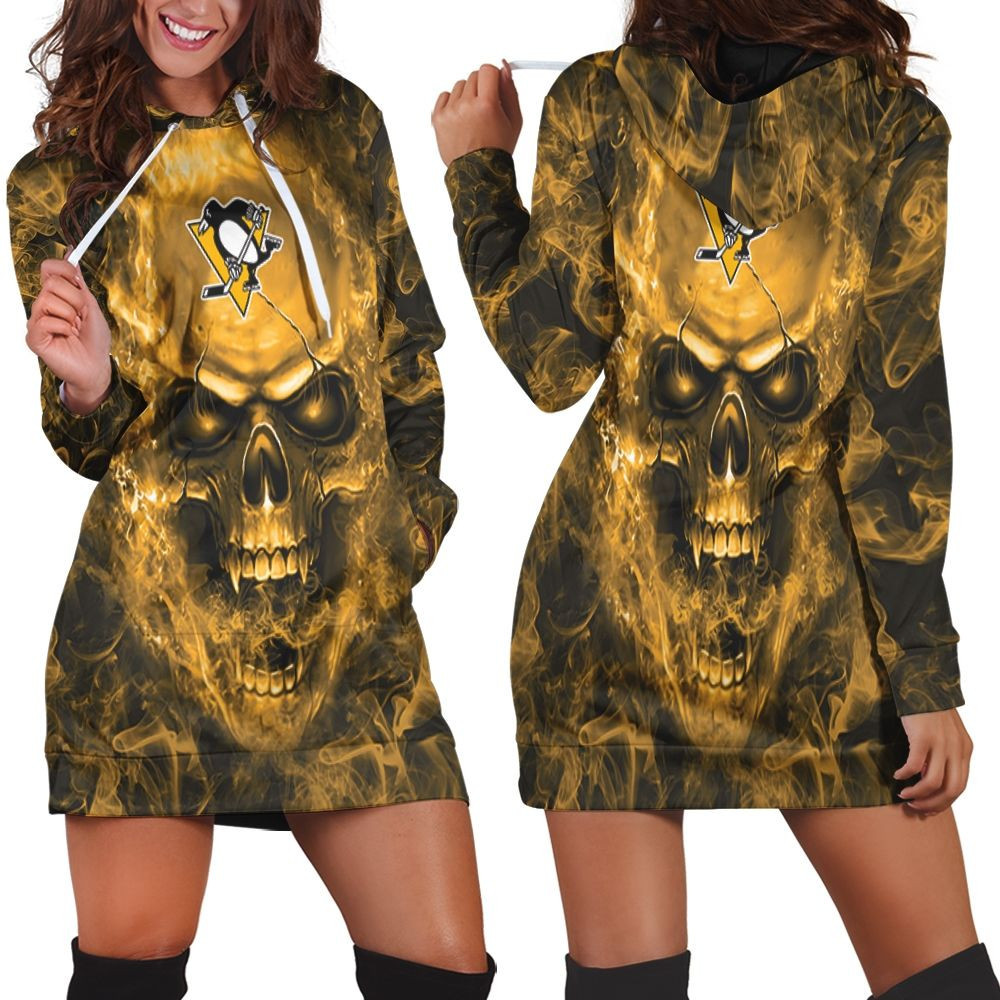 Pittsburgh Penguins Nhl Fans Skull Hoodie Dress Sweater Dress Sweatshirt Dress