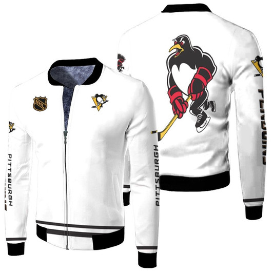 Pittsburgh Penguins Nhl Ice Hockey Team Iceburgh Logo Mascot White Fleece Bomber Jacket