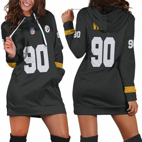 Pittsburgh Steelers T J Watt Black Jersey Inspired Style Hoodie Dress Sweater Dress Sweatshirt Dress