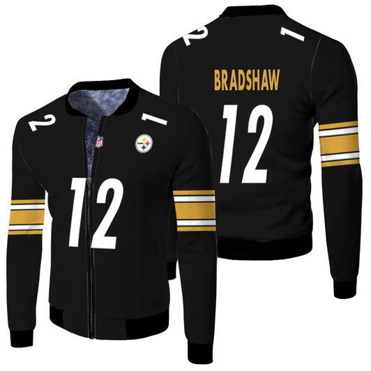 Pittsburgh Steelers Terry Bradshaw 12 Nfl Game Black Jersey Style Gift For Steelers Fans Fleece Bomber Jacket