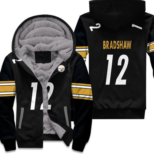 Pittsburgh Steelers Terry Bradshaw 12 Nfl Game Black Jersey Style Gift For Steelers Fans Fleece Hoodie