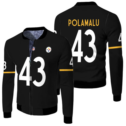 Pittsburgh Steelers Troy Polamalu 43 Nfl Therma Long Sleeve Black Jersey Style Gift For Steelers Fans Fleece Bomber Jacket