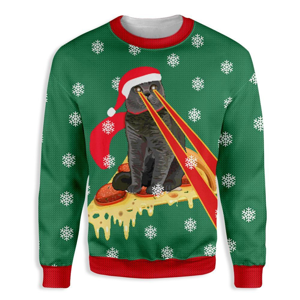 Pizza Cat With Laser Eyes Ugly Christmas Sweater Ugly Sweater For Men Women