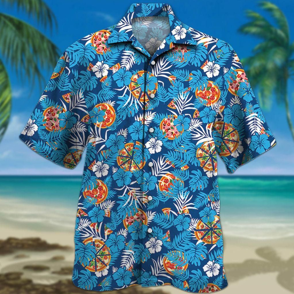 Pizza Lovers Blue Floral Aloha Hawaiian Shirt Colorful Short Sleeve Summer Beach Casual Shirt For Men And Women