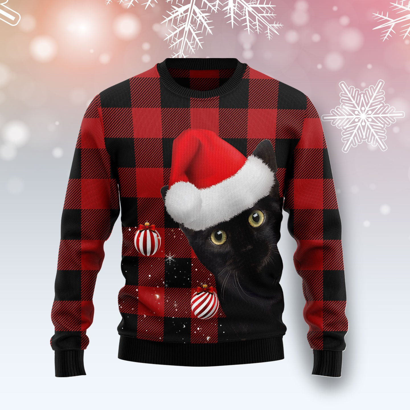 Plaid Pattern Black Cat Ugly Christmas Sweater