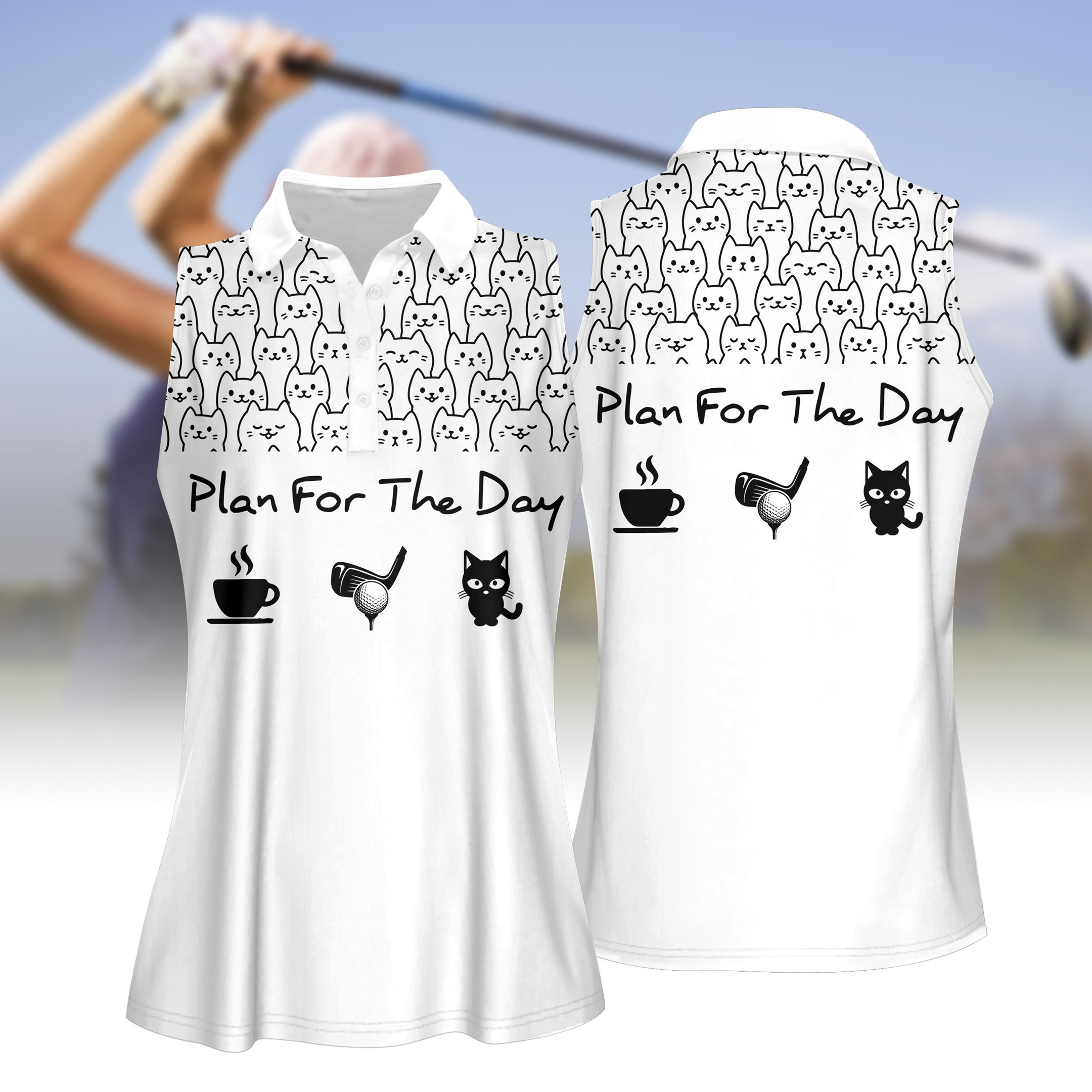 Plan For The Day Coffee Golf And Cat V2 WOMEN SHORT SLEEVE POLO SHIRT SLEEVELESS POLO SHIRT