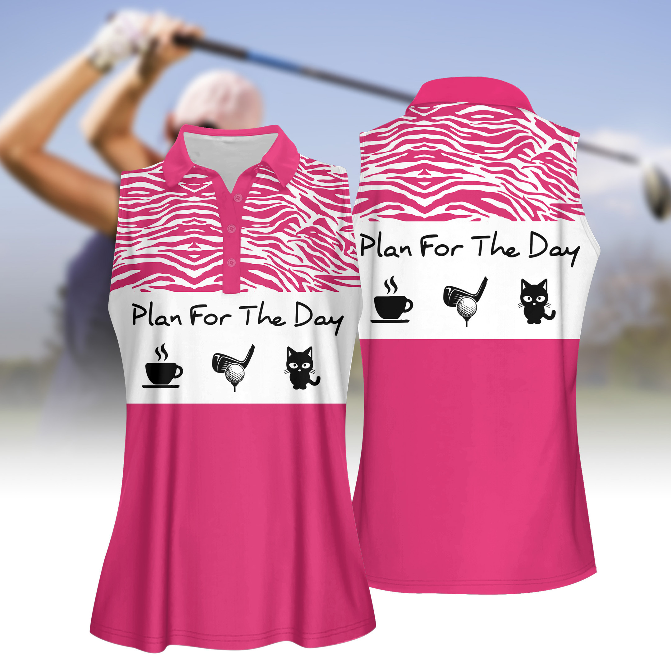 Plan For The Day Coffee Golf And Cat WOMEN SHORT SLEEVE POLO SHIRT SLEEVELESS POLO SHIRT