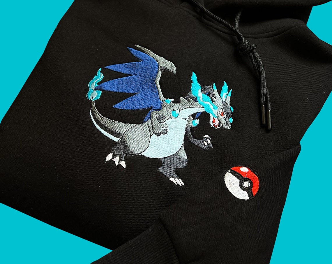 Pokemon Mega Charizard X Embroidered Hoodie Pokemon Embroidered Sweatshirt Pokemon Embroidery Pokemon Hoodies Unisex