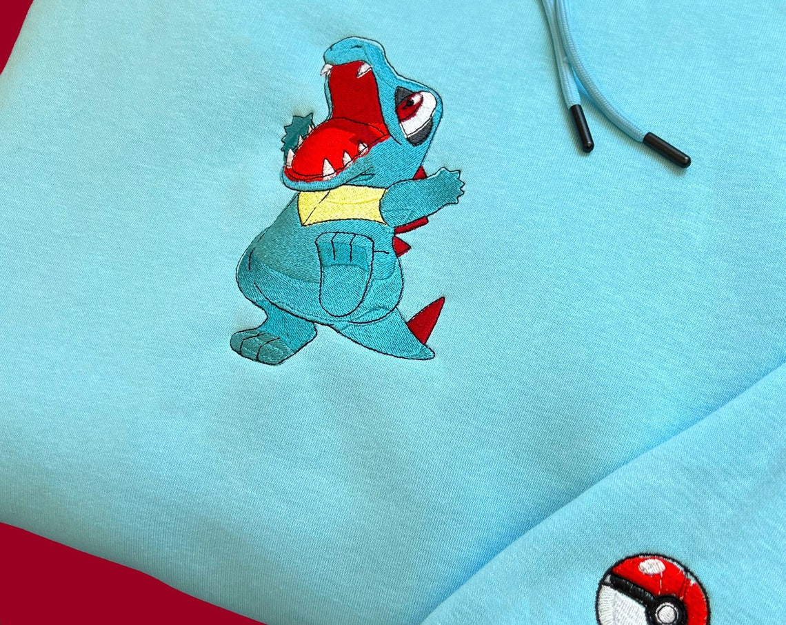 Pokemon Totodile Embroidered Hoodie Pokemon Embroidered Sweatshirt Pokemon Embroidery Pokemon Hoodiespokemon Totodile Sweatshirtt Shirt