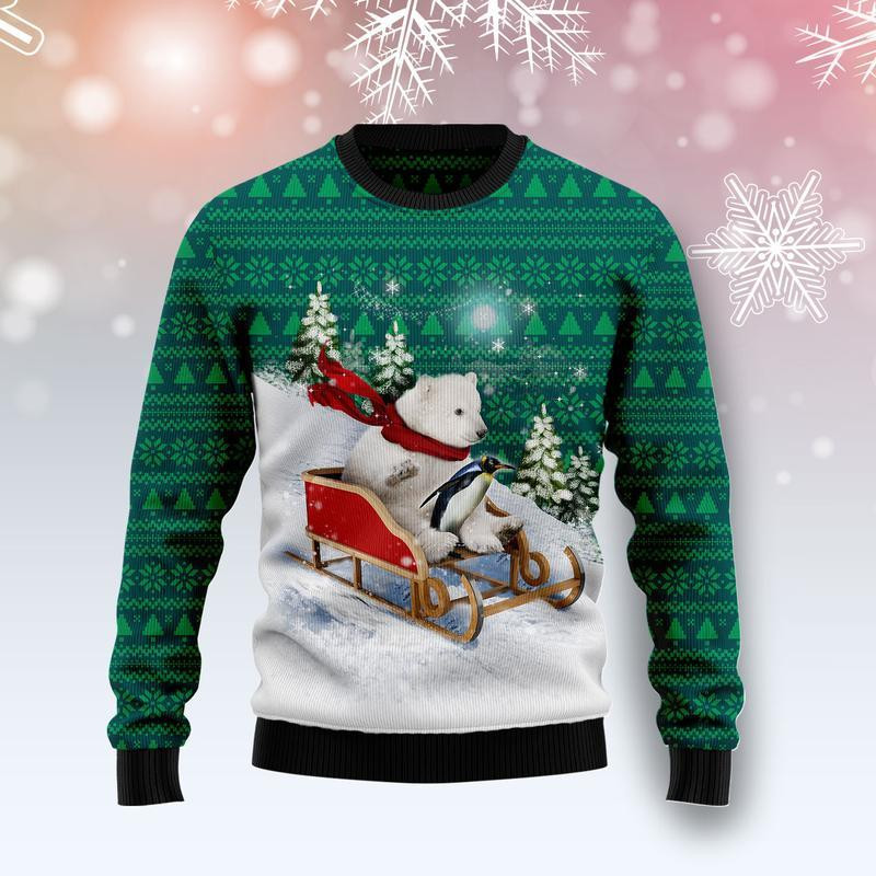 Polar Bear Sleigh Ugly Christmas Sweater Ugly Sweater For Men Women