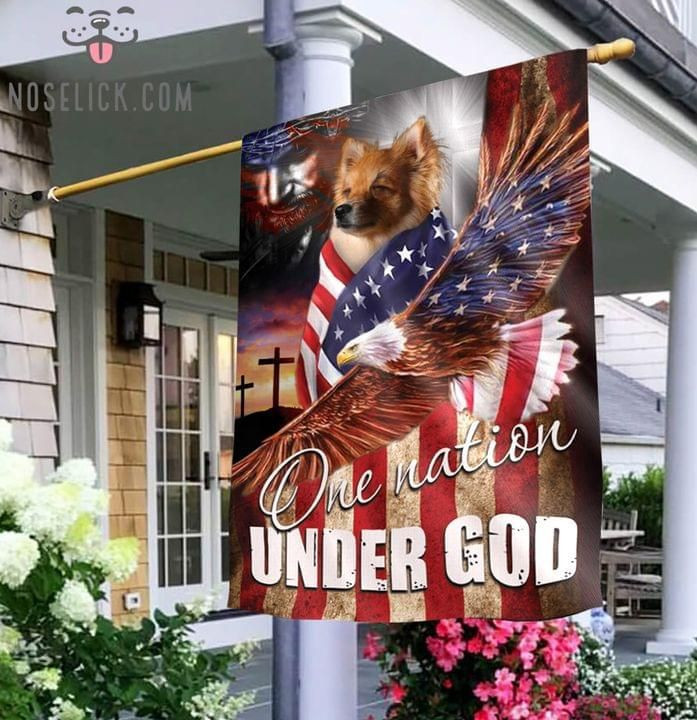 Pomeranian One Nation Under God Christian Cross Dog Lover Eagle American Flag Garden Flag House Flag