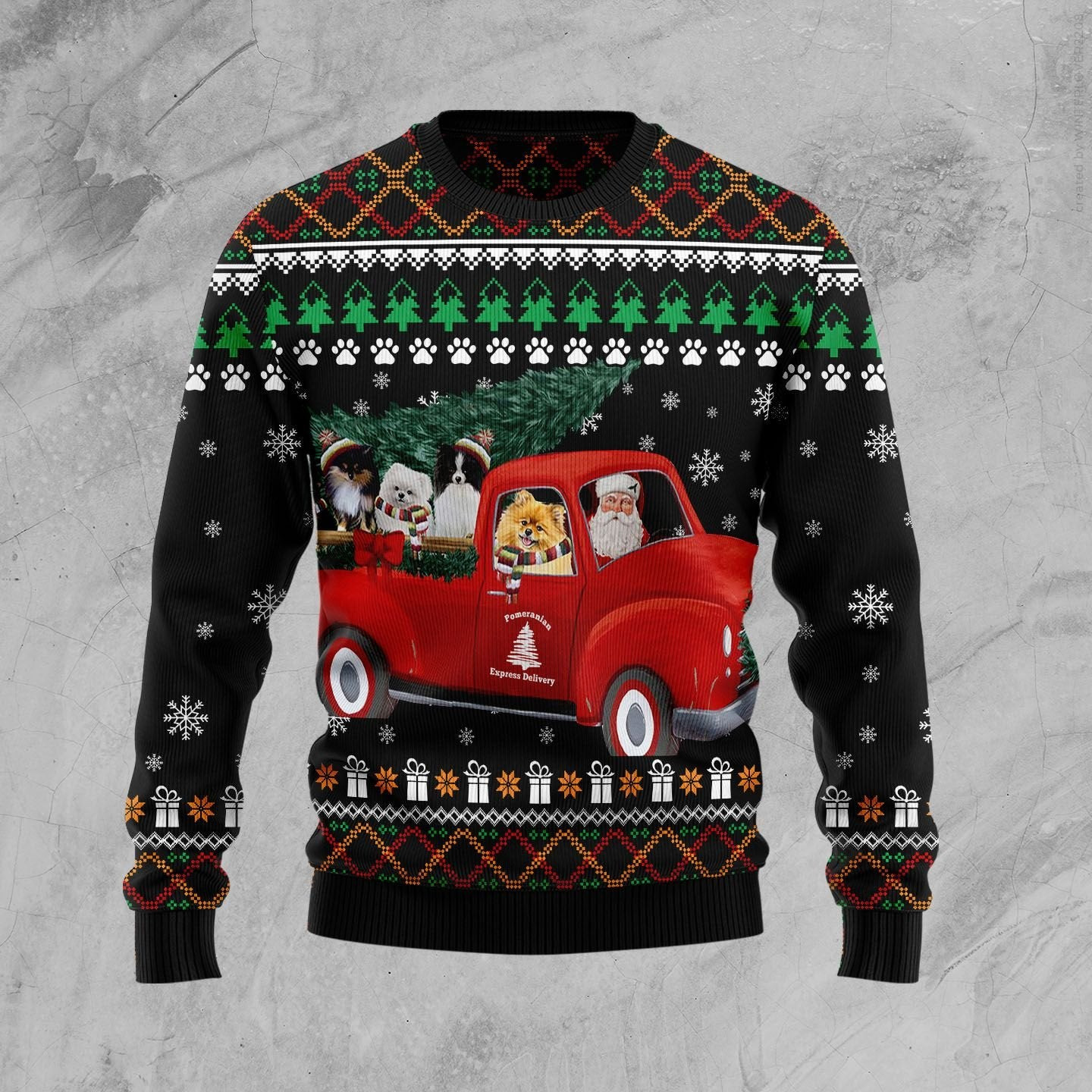 Pomeranian and Red Truck Ugly Christmas Sweater