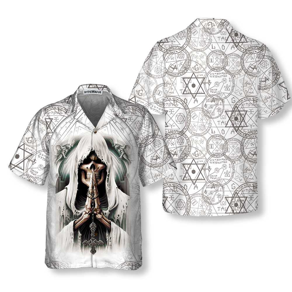 Pray Skull Hawaiian Shirt Unique Satanic Pattern Skull Shirt For Men And Women