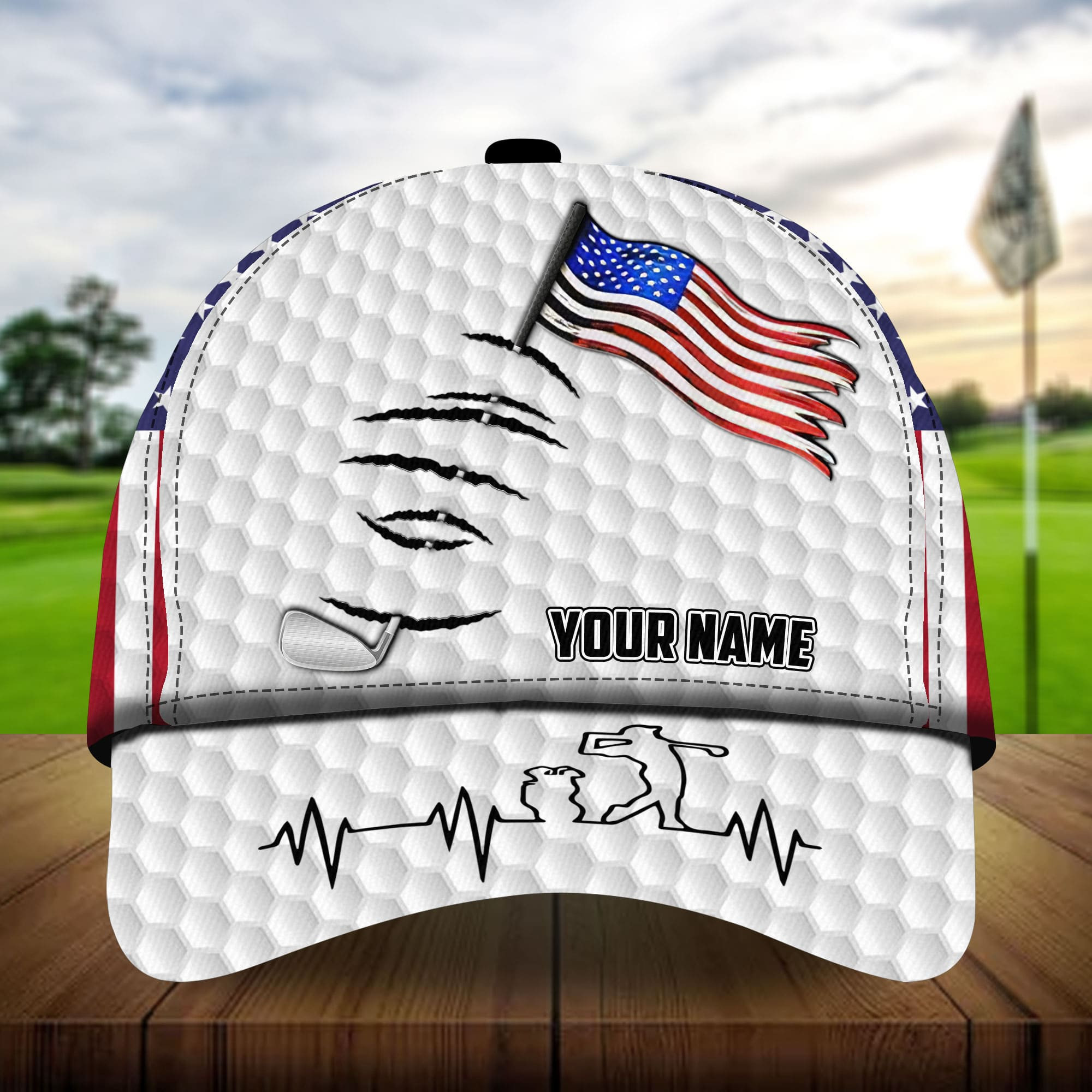 Premium Cool American Flag Heart Beat Golfer Golf Hats Multicolored Personalized Classic Cap