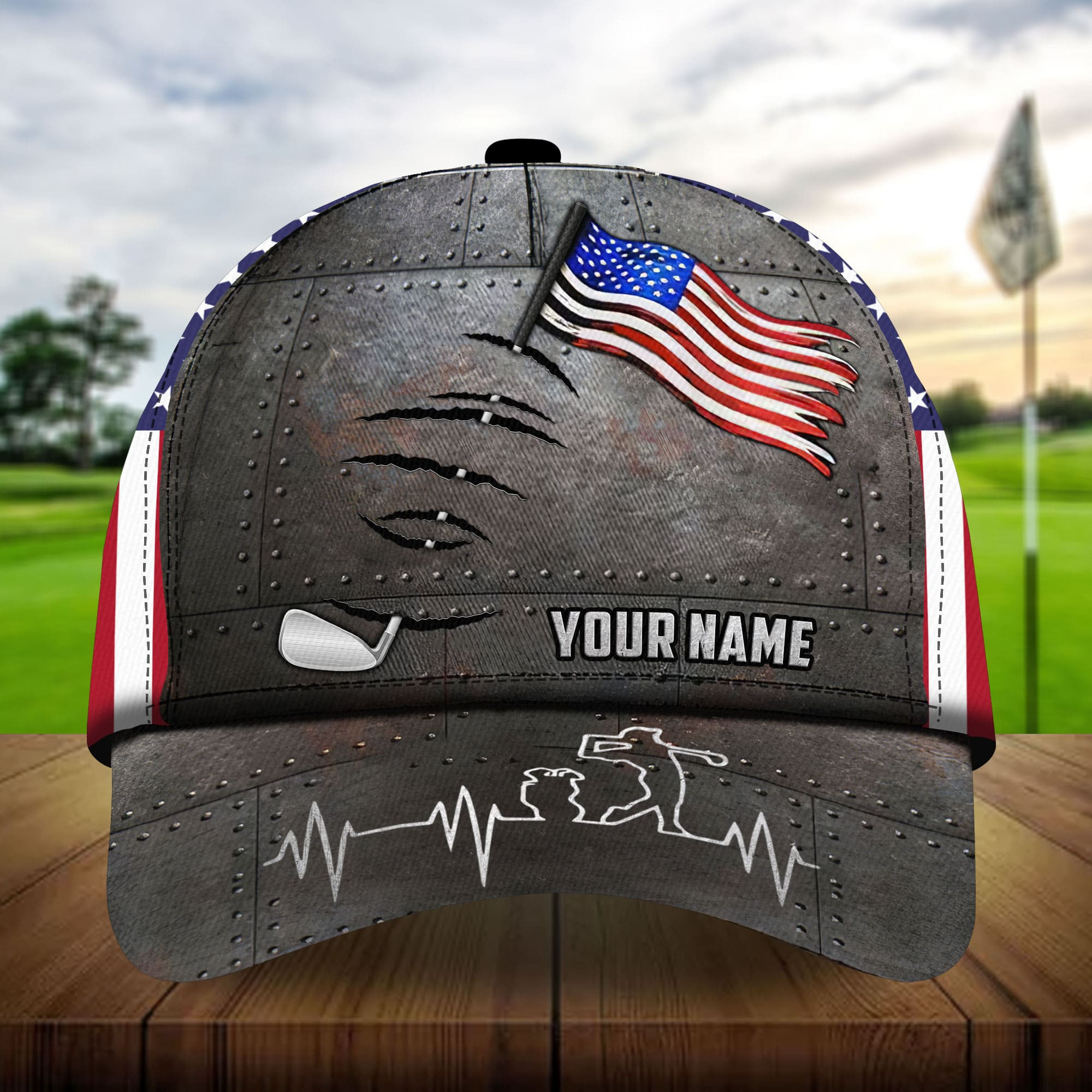 Premium Metal American Flag Heart Beat Golfer Golf Hats Personalized Classic Cap