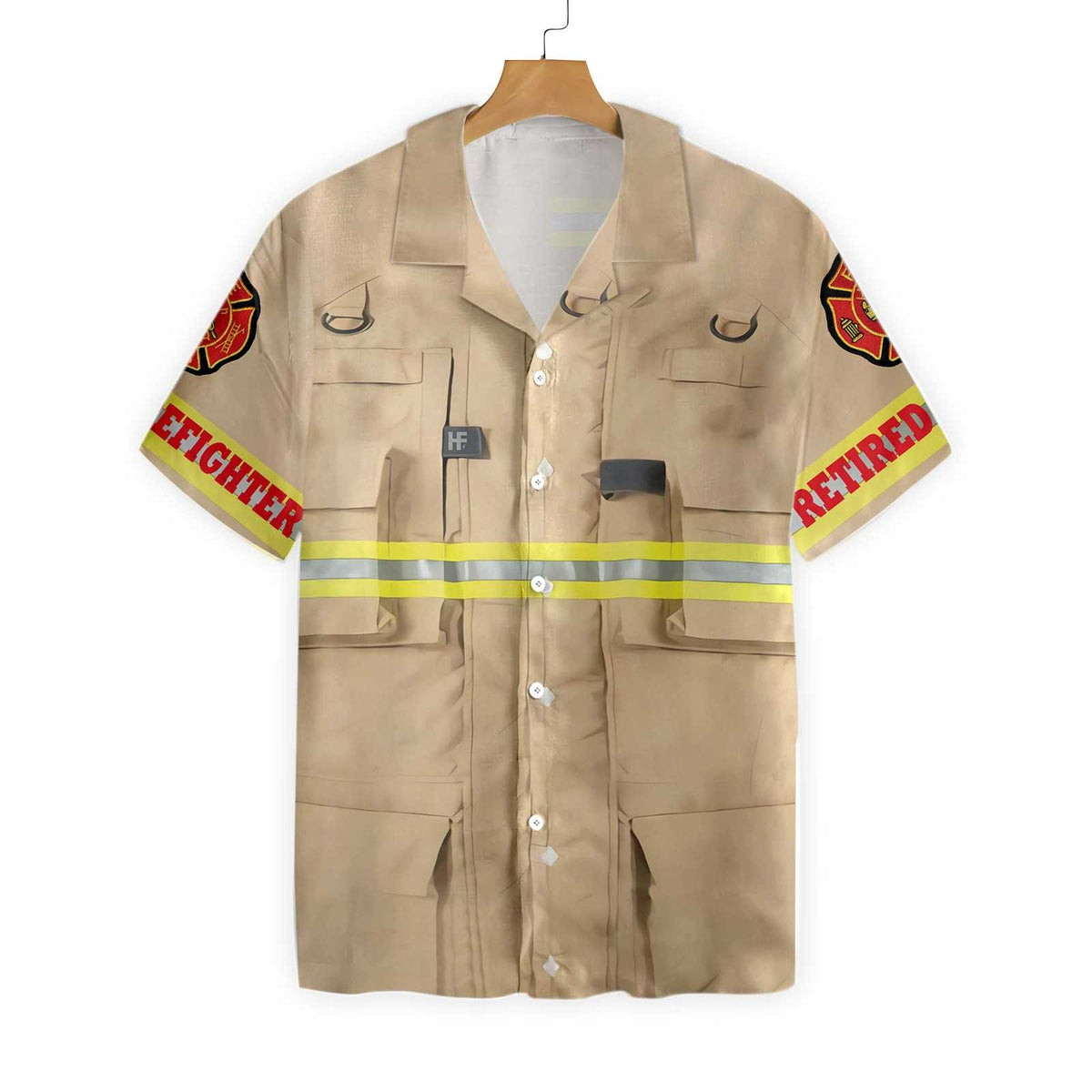 Proud Retired Firefighter Hawaiian Shirt Cream Life Vest Work Uniform Fire Dept Logo Firefighter Shirt For Men