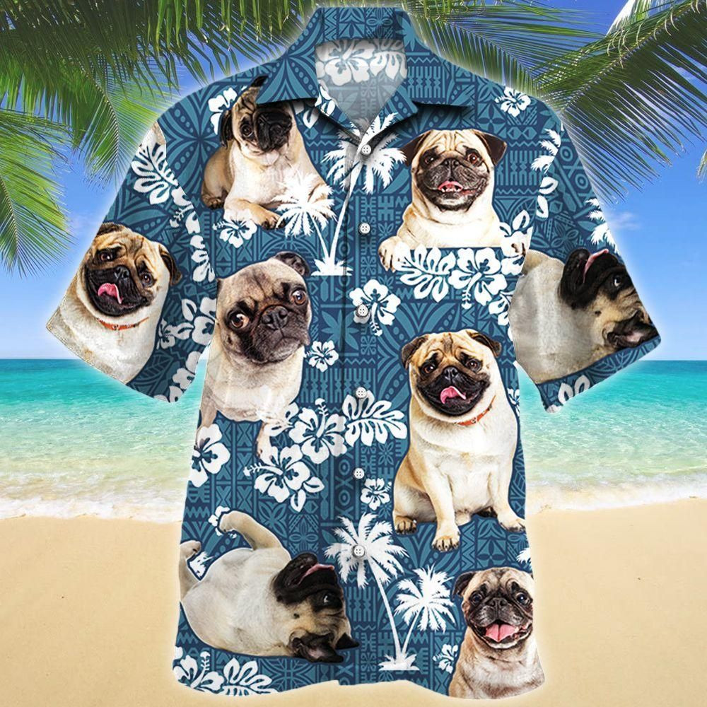 Pug Dog Lovers Blue Tribal Aloha Hawaiian Shirt Colorful Short Sleeve Summer Beach Casual Shirt For Men And Women