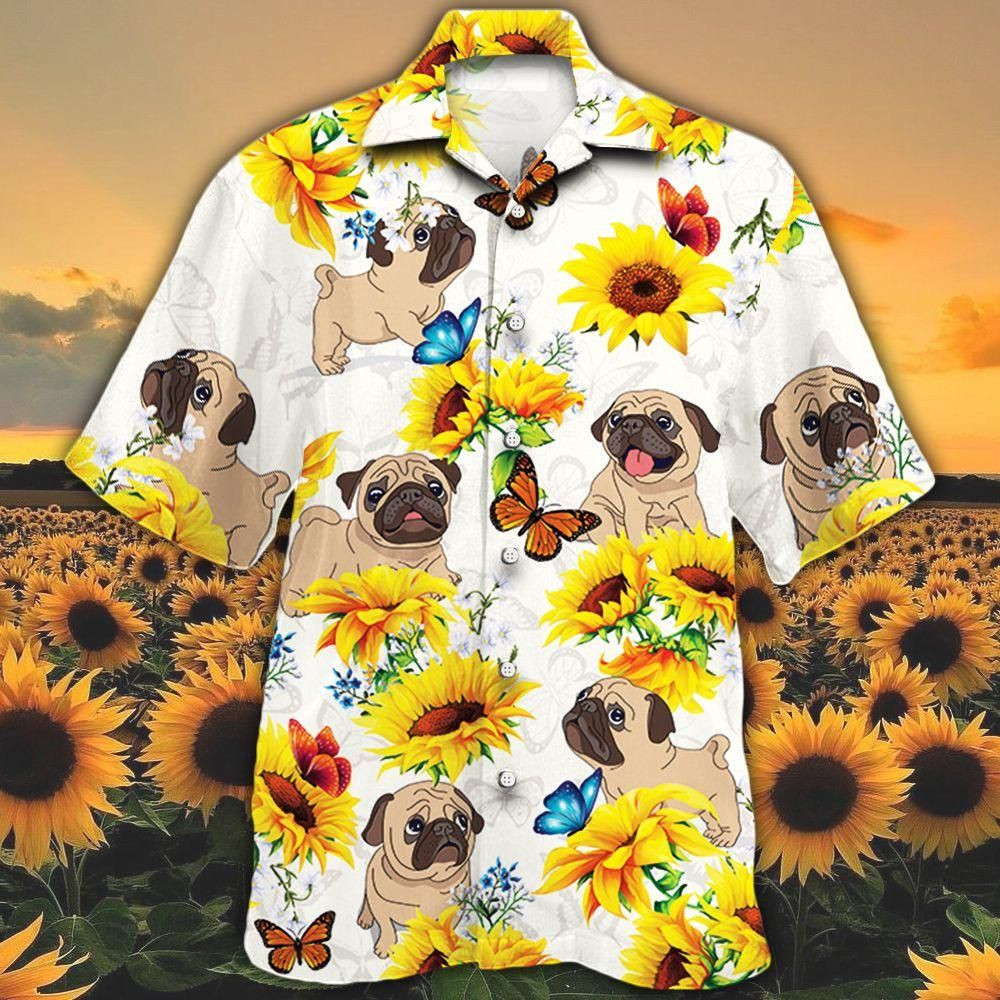 Pug Dog Lovers Sun Flower Aloha Hawaiian Shirt Colorful Short Sleeve Summer Beach Casual Shirt For Men And Women
