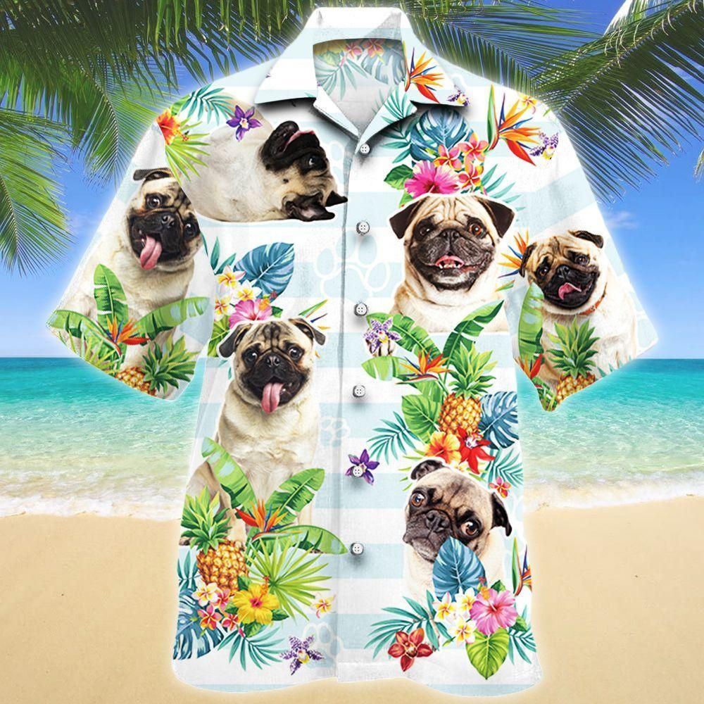 Pug Dog Tropical Flower Aloha Hawaiian Shirt Colorful Short Sleeve Summer Beach Casual Shirt For Men And Women