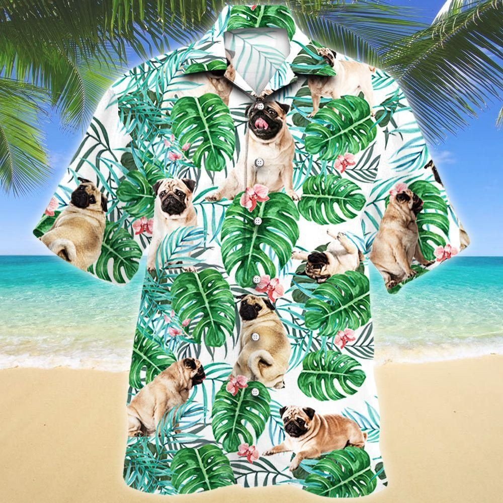 Pug Dog Tropical Plant Aloha Hawaiian Shirt Colorful Short Sleeve Summer Beach Casual Shirt For Men And Women