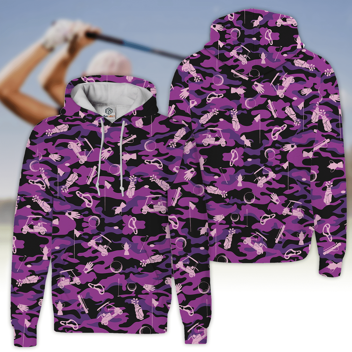 Purple Black Camouflage Golf Set Golfer Gift Hoodie Zipper Hoodie Shirt