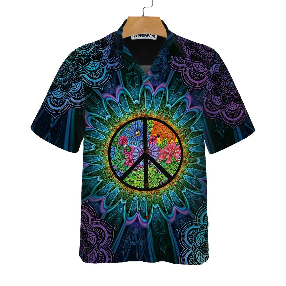 Purple Flower Hippie Hawaiian Shirt Mandala Peace Sign Hippie Shirt
