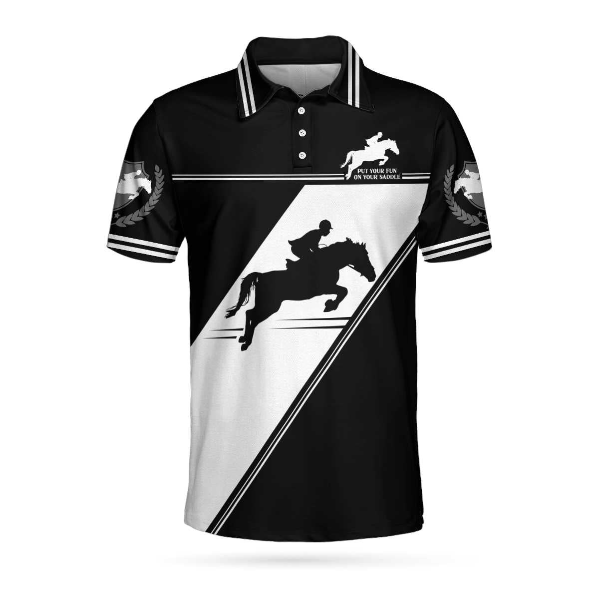 Put Your Fun On Your Saddle Horse Riding Polo Shirt Black And White Horse Riding Shirt For Men