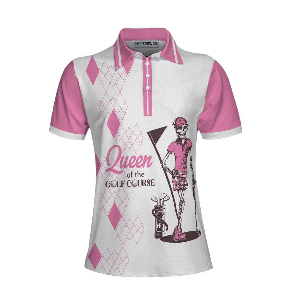 Queen Of The Golf Short Sleeve Women Polo Shirt White And Pink Argyle Pattern Golf Shirt For Women