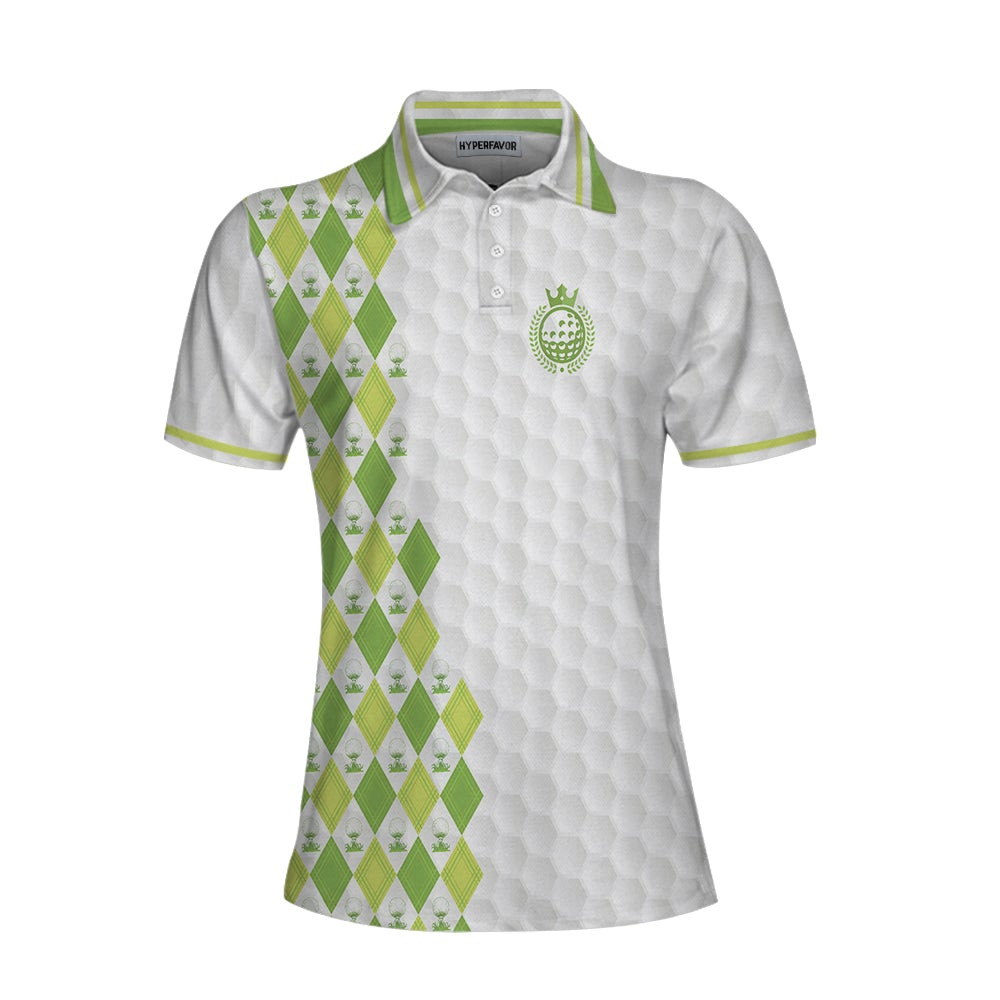 Queen Of The Green Argyle Pattern With Golf Ball On Tee Short Sleeve Women Polo Shirt White And Green Golf Shirt For Ladies