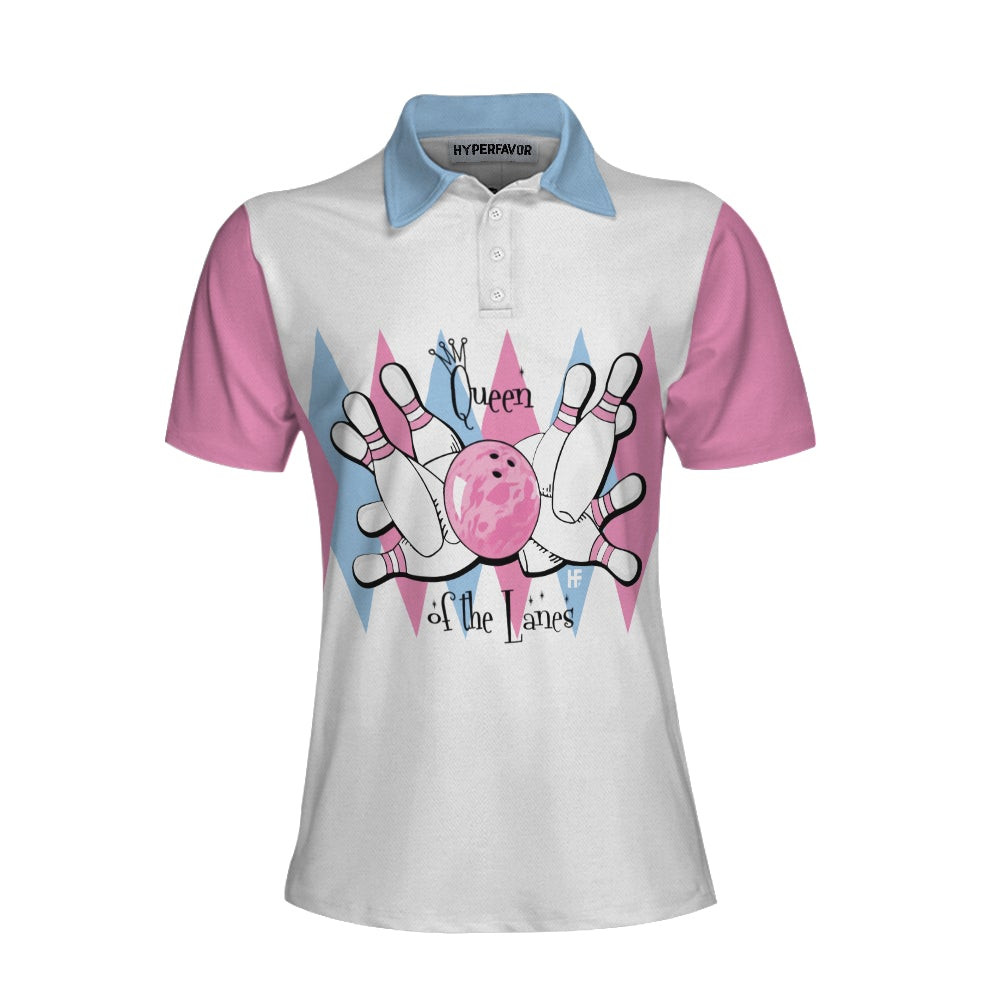 Queen Of The Lanes Pink And Blue Bowling Short Sleeve Women Polo Shirt Bowling Shirt For Ladies