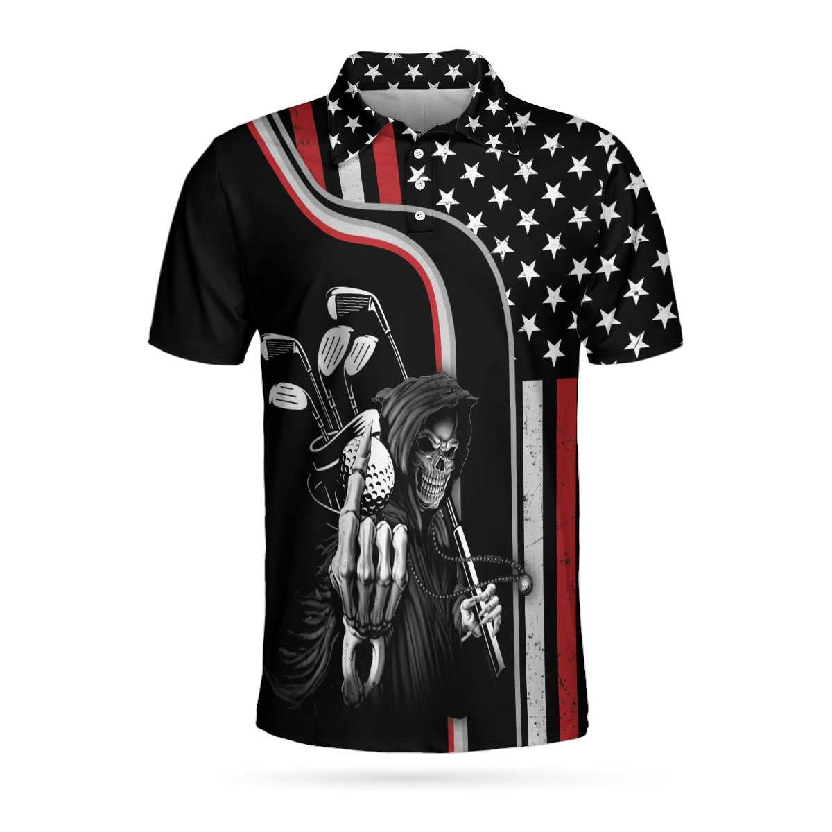 Reaper American Flag Short Sleeve Golf Polo Shirt Black Theme Reaper Golfer Golf Shirt For Men