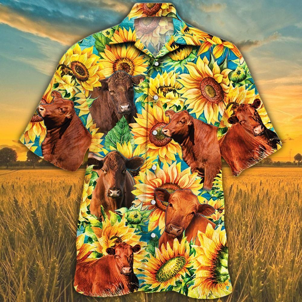 Red Angus Cattle 2 Lovers Sunflower Watercolor Aloha Hawaiian Shirt Colorful Short Sleeve Summer Beach Casual Shirt For Men And Women