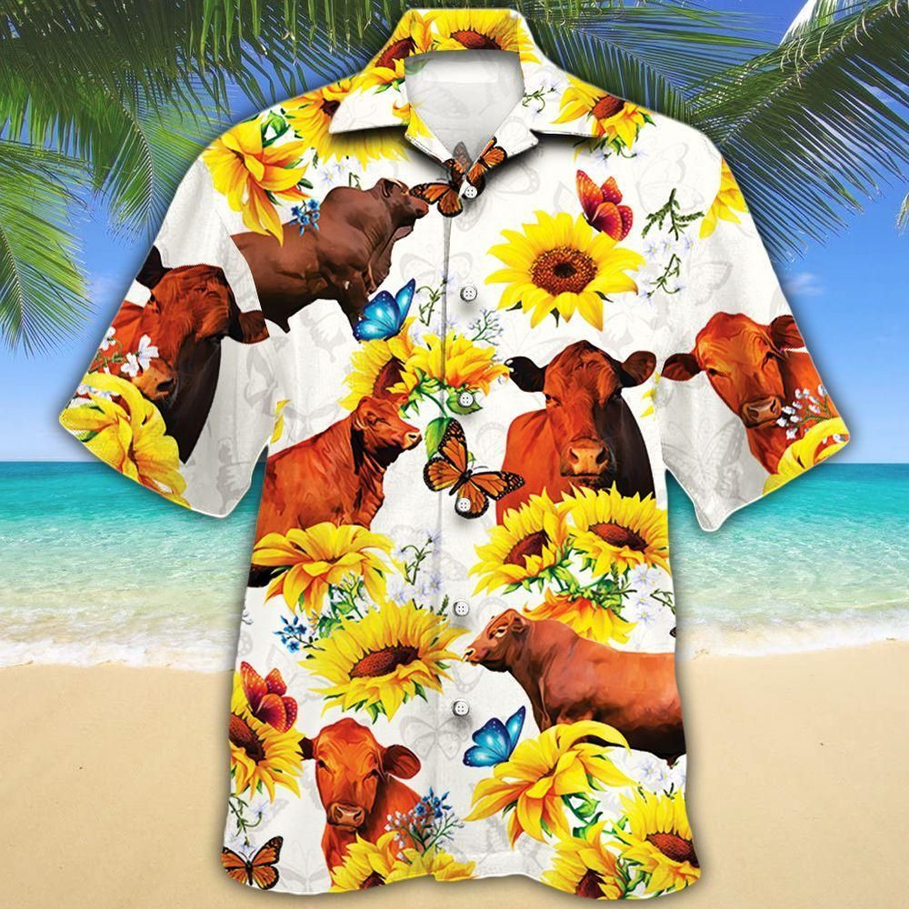 Red Angus Cattle Lovers Sun Flower Aloha Hawaiian Shirt Colorful Short Sleeve Summer Beach Casual Shirt For Men And Women