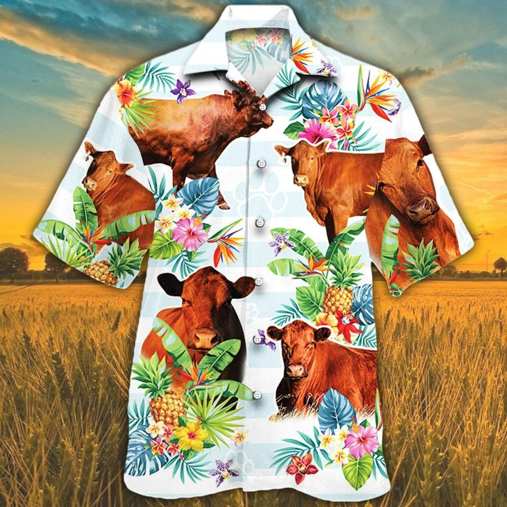 Red Angus Cattle Lovers Tropical Flower Aloha Hawaiian Shirt Colorful Short Sleeve Summer Beach Casual Shirt For Men And Women