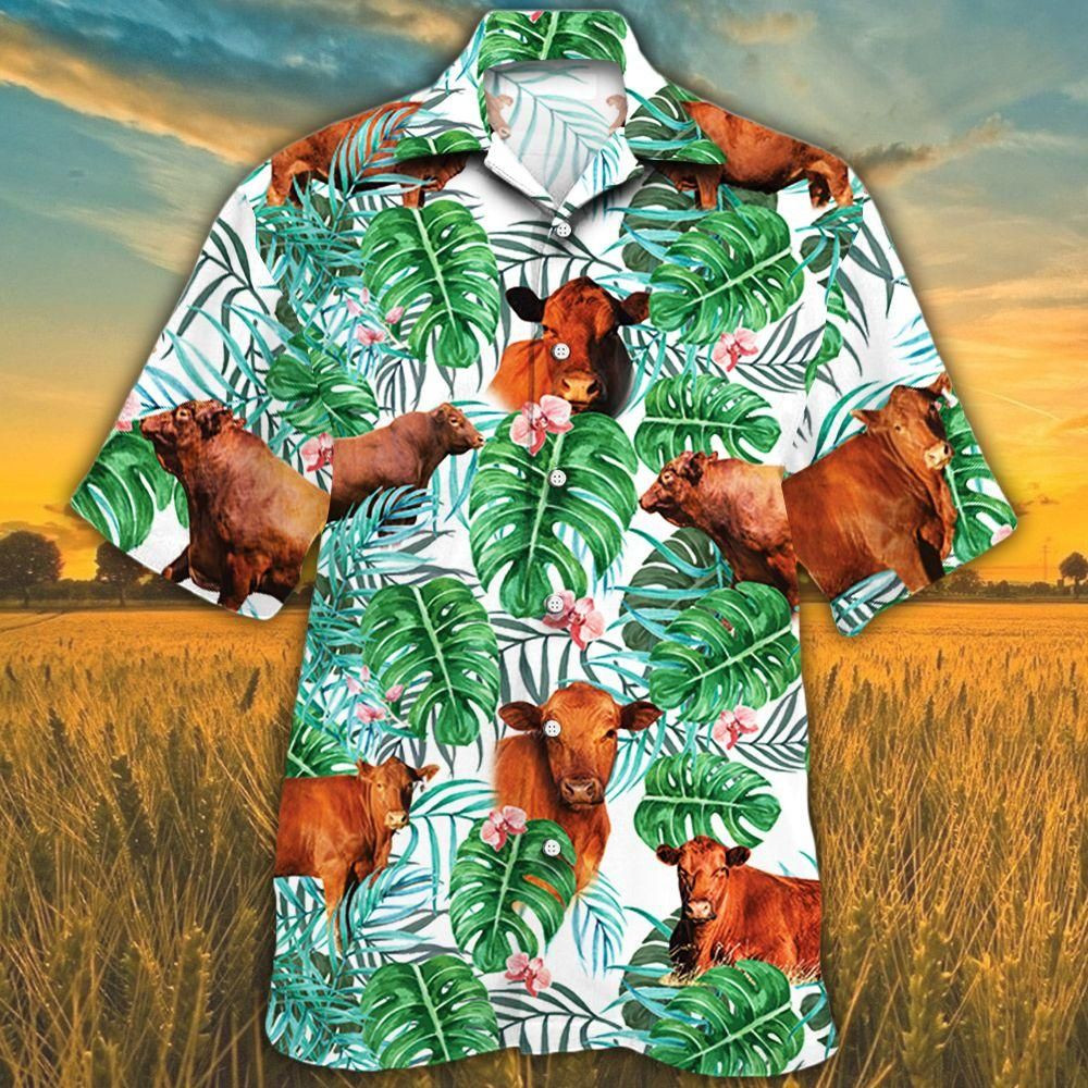 Red Angus Cattle Lovers Tropical Plant Aloha Hawaiian Shirt Colorful Short Sleeve Summer Beach Casual Shirt For Men And Women