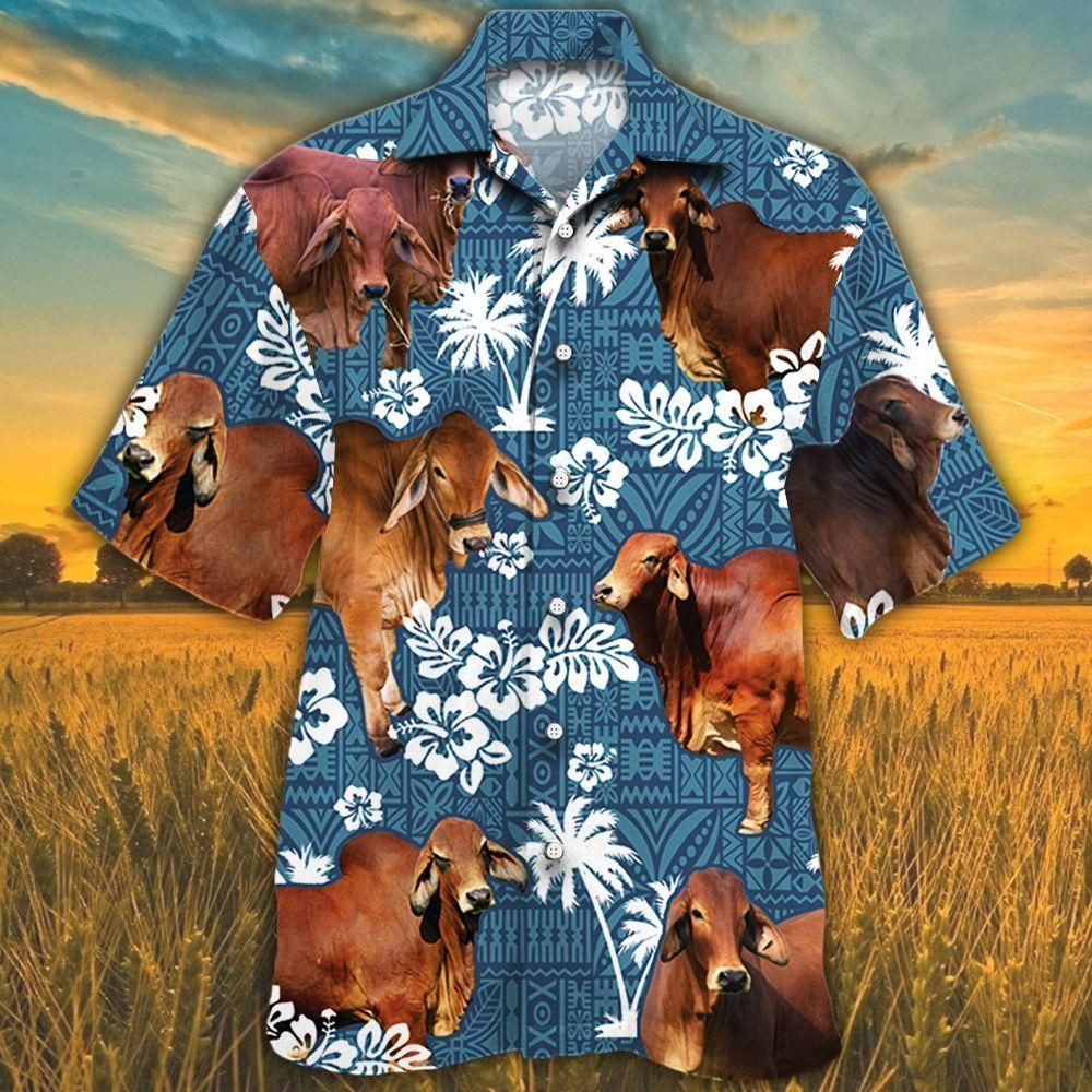 Red Brahman Cattle Lovers Blue Tribal Aloha Hawaiian Shirt Colorful Short Sleeve Summer Beach Casual Shirt For Men And Women